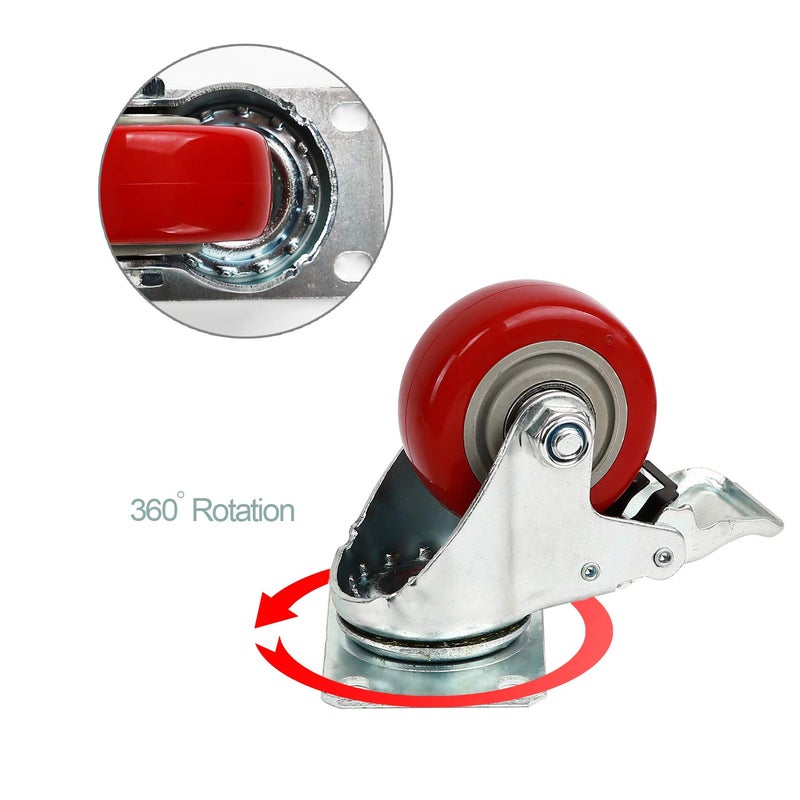 KINJOEK 4 Packs 3 Inches (2 with Brakes, 2 Without) Fixed Caster Wheels Set, KINJOEK Polyurethane Caster Wheels with Brakes for Carts, Furniture, Workbench, Trolley, 617lb Total Capacity - Image 2
